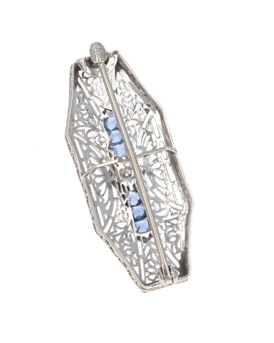 Vintage European Diamond and Sapphire Filigree Pin